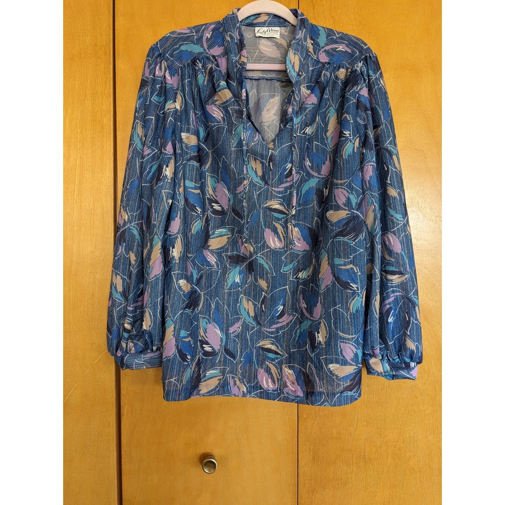 Vintage Lady Winn by Teddi Blue Abstract Floral Tie Neck Blouse Plus Size
